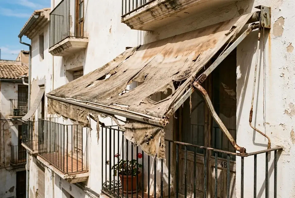 Toldo con la lona rota y la estructura oxidada en un balcón antiguo