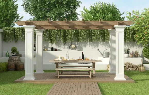 Pérgola de vigas de madera con columnas blancas sobre un comedor de jardín