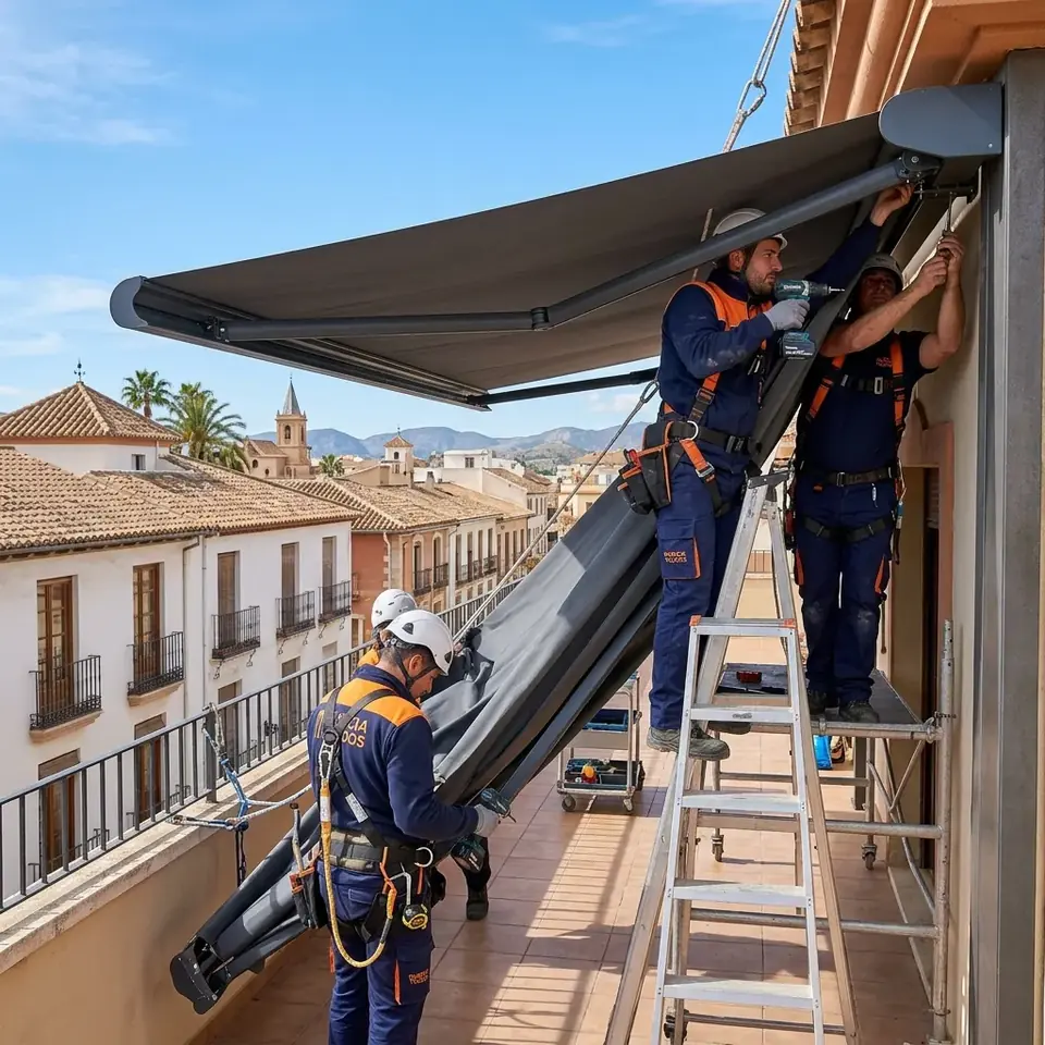 Instaladores montando un toldo de brazos en el balcón de una vivienda