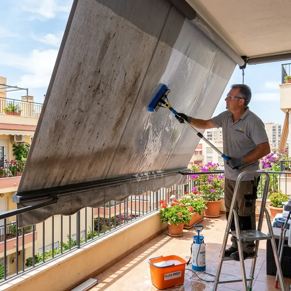 Limpieza de la lona de un toldo Limpieza de la lona de un toldo de brazos durante la revisión anual
