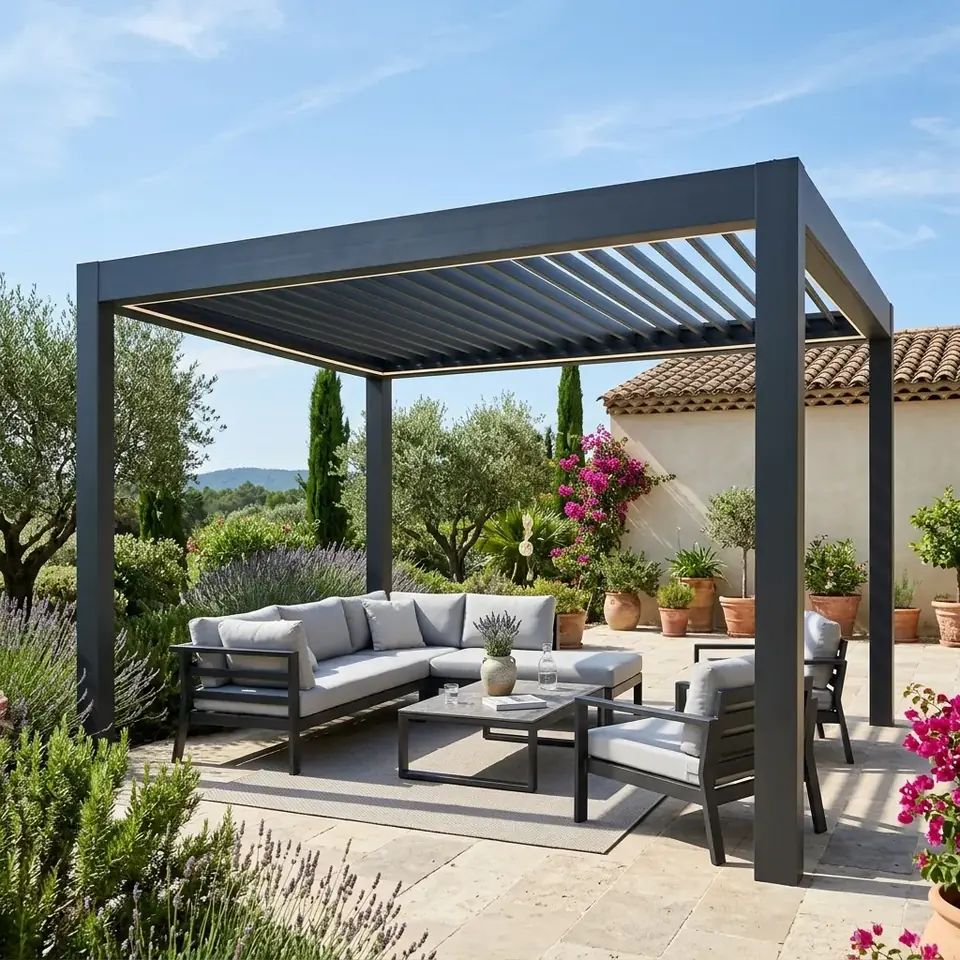 Pérgola bioclimática antracita sobre una terraza con zona de sofás