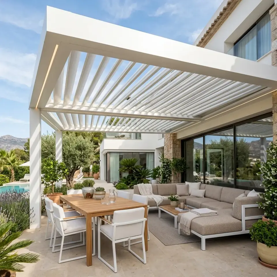 Pérgola bioclimática blanca en terraza Pérgola blanca de lamas sobre una terraza con comedor y zona de estar