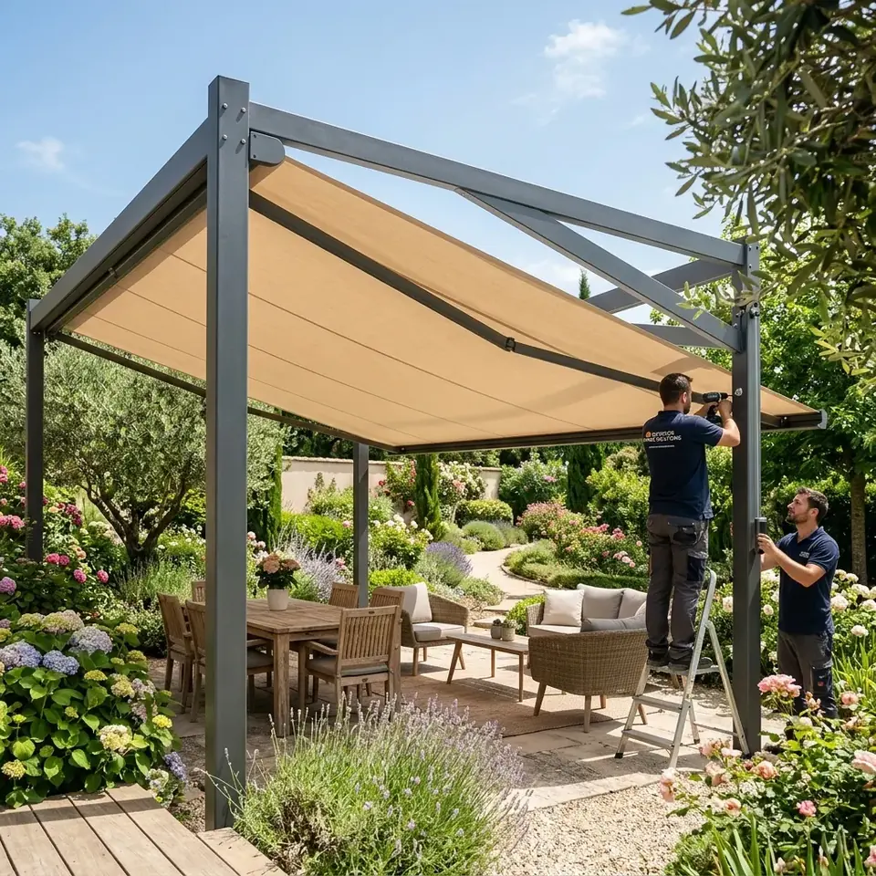 Pérgola de aluminio con toldo de palillería sobre un comedor exterior en un jardín