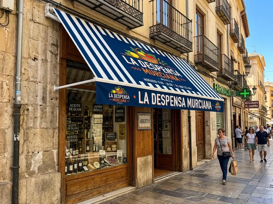 Toldo con rotulación en fachada comercial Lona de toldo con rotulación impresa en la fachada de un comercio de Murcia