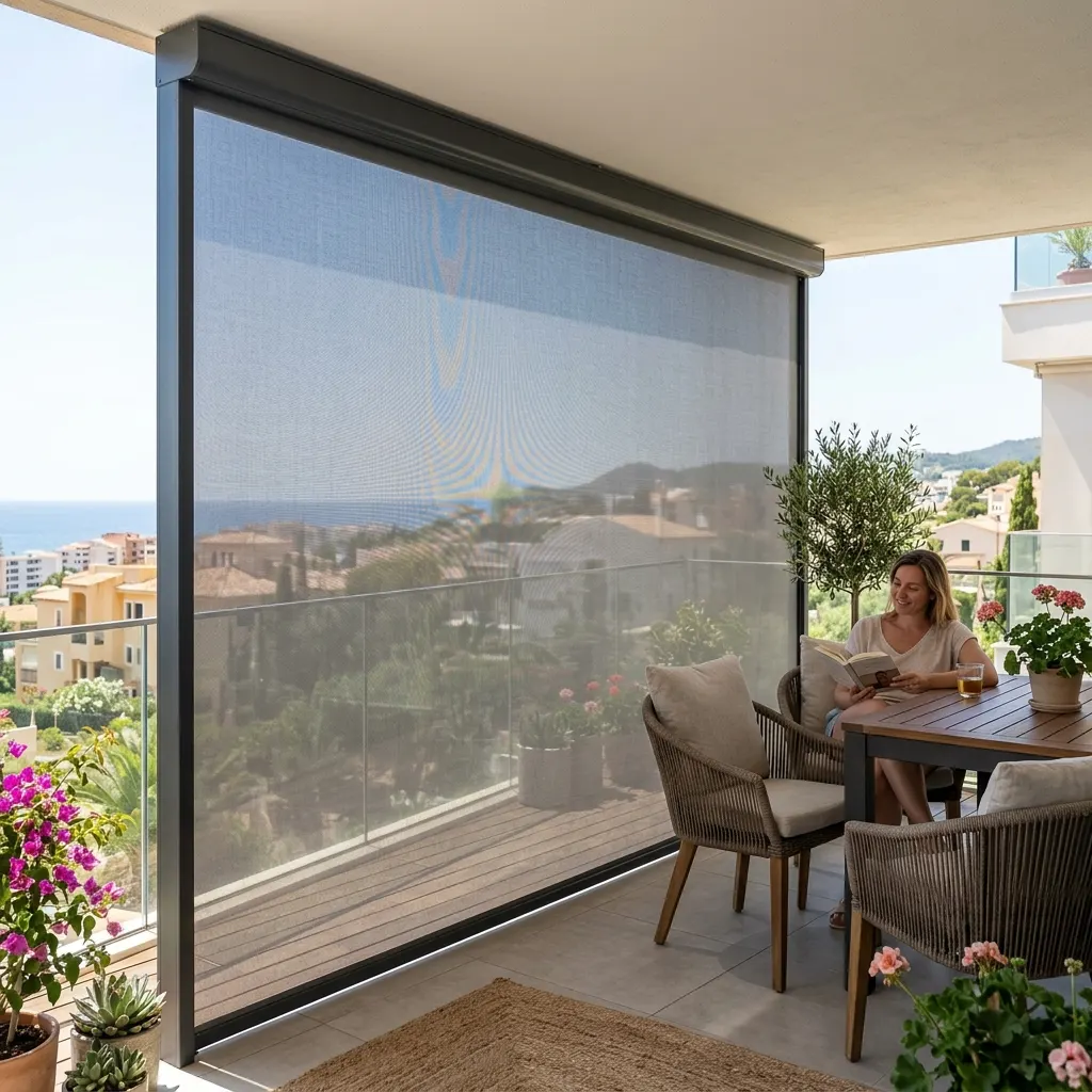 Toldo vertical screen bajado en un porche para cortar el sol bajo de la tarde